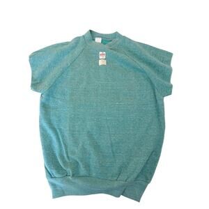 Vintage 1970s 1980s Healthknit USA Made XL TEAL Short Sleeve MUSCLE Sweatshirt